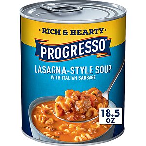 $1.58 AMAZON Progresso Rich & Hearty, Lasagna-Style Soup With Italian Sausage, 14G Protein Canned Soup, 18.5 oz.