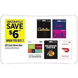 $50 gift cards for $44, Door Dash, Bass Pro, Cabela's, Belk, Darden, Dollar General