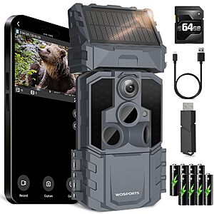 WOSPORTS WiFi Trail Camera 48MP Solar Game Camera with 7800mAh Built-in Battery, 0.1s Trigger IP66 Waterproof Wildlife Cameras with 8 AA Batteries & 64GB SD Card $34.99 AC
