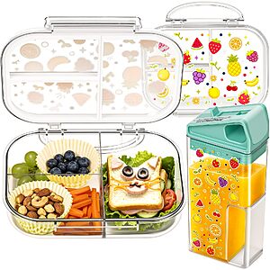 Tritan Plastic Bento Box for Kids: 3 Compartments with Straw Water Bottle $9.99