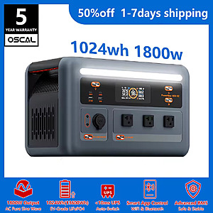 OSCAL PowerMax 1800se 1800W/120V Portable Power Station, 1024Wh LiFePO4 Continuous, 3600W Surge, UPS Solar Generator; free s&h $249.16