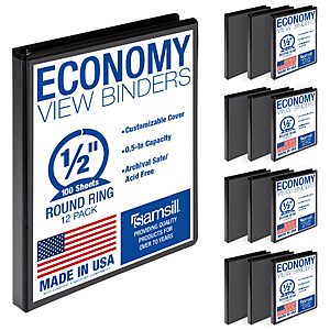 $32.84: Samsill 0.5 Inch 3 Ring Binders, Economy Round Ring, Clear View Cover, 100 Sheet Capacity, Black (12 Pack)