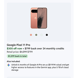 Google Fi: Pixel 11 Pro 256GB Effectively FREE โ 24-Mo Service + $300 Off + $799 Credits