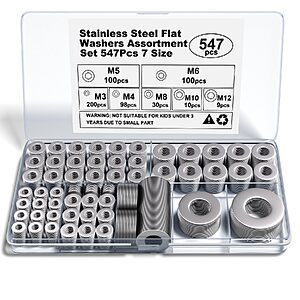 547-Piece 18-8 (304) Stainless Steel Metric Flat Washer Assortment Set (M3-M12) w/ Storage Case $4.99 + Free Shipping w/ Prime or on $35+