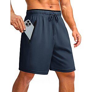 PINSPARK Men's Athletic Running Shorts 7" Mesh Quick Dry Workout Shorts with Zipper Pockets Lightweight Gym Shorts Navy Blue Large $7.99