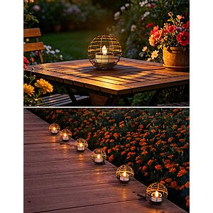 6 Pack Large Solar Lights Outdoor Hanging Lantern , Rustic Iron 4.3" Ball Solar Tea Lights with Flickering Flame Candle $27.99