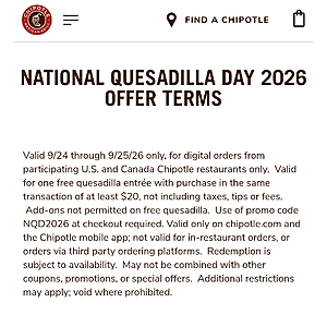 Chipotle National Quesadilla Day 2026: Free quesadilla with $20 purchase