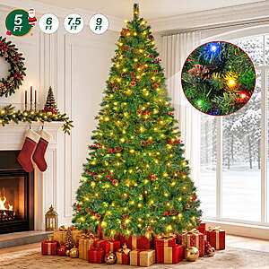 Firstness 5ft Pre-Lit Artificial Christmas Tree with 11 Lighting Modes, 625 Branch Tips, Pine Cones and Red Berries $41.99