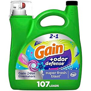 [SnS, AC] $42.35* | 4 × 154-Oz Gain + Odor Defense Liquid Laundry Detergent (Super Fresh Blast, 107 Loads) ($10.59 each) at Amazon
