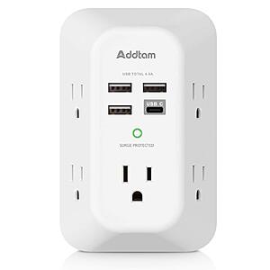 Addtam Surge Protector Outlet Extender with 5 AC and 4 USB Ports, 4.5A $8.98