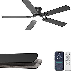 Phylluz Flush Mount Ceiling Fan w/ Dimmable LED Light & Remote Control: 52" (Black) $45.58, 42" (Black) $41.02 & More + Free Shipping