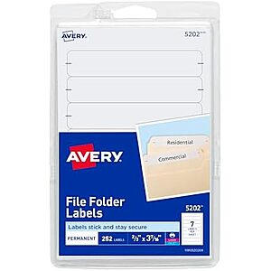 $3.49 | Avery File Folder Labels on 4" x 6" Sheets, Easy Peel, White, Print & Handwrite, 2/3" x 3-7/16", 252 Labels (5202) at Amazon