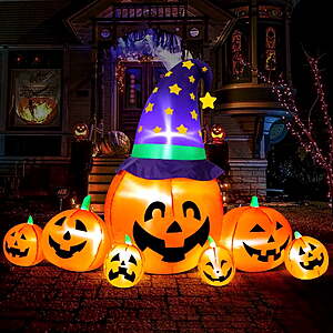 Yexmas 8.7ft Halloween Inflatables Pumpkins 7 Blow Up Decor with Witches Hat, Built-in LED Lights $35.99