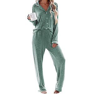 Ekouaer Womens Pajama Sets Long Sleeve Button Down 2 Piece Lounge Set Green $12.99