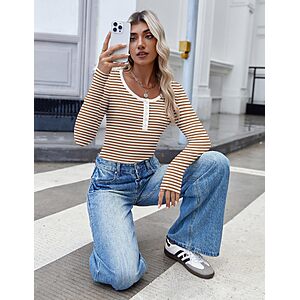 Zeagoo Long Sleeve Tops Square Neck Basic Tees Striped Ribbed Knit Tshirts Shirts Summer Clothes for Women $5.49