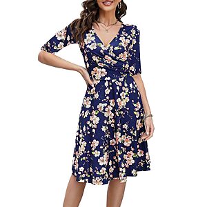 oxiuly Women's Criss-Cross Necklines V-Neck Half Sleeve Floral Casual Work Stretch Tea Swing Dress $13.96