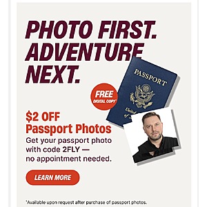 Walgreens $2 OFF Passport Photos | Enter code 2FLY at checkout thru September 26