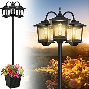 74" Joyoowild 3-Head Solar Lamp Post w/ Planter & 2 Extra Edison-Style Bulbs (Black) $59.99 + Free Shipping