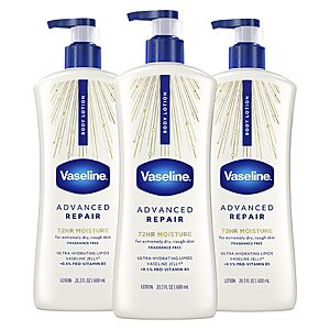 [Prime, S&S] Vaseline Advanced Repair Body Lotion for Dry Skin, Unscented 20.3oz 3ct $17.09