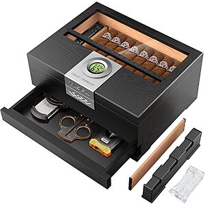 Tisfa Cedar Wood Desktop Cigar Humidor w/ Digital Hygrometer & Pull-Out Drawer (Black) $17.39 + Free Shipping w/ Prime or on $35+