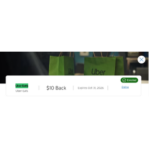 Citi Card merchant offers offering Uber Eats and Uber Earn $10 Back on a purchase of $30 or more