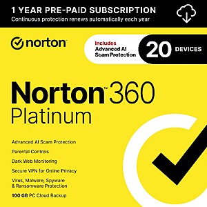 1-Year Norton 360 Platinum 2026 Antivirus Software (20-Devices, Digital Download) $20 & More
