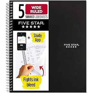 [AC] $4.84 | Five Star Spiral Notebook + Study App, 5 Subject, Wide Ruled 8" x 10.5" Paper, 200 Sheets, Black (72045) at Amazon