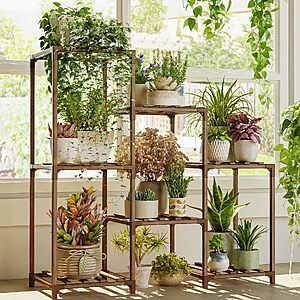 Amazon | Bamworld Plant Stand Indoor Plant Shelf Outdoor Wood Plant Rack $19.98