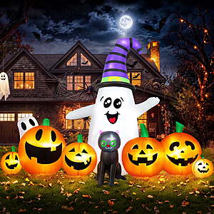 Yexmas 8 FT Long Halloween Inflatable Ghost with Witch Hat, 6 Pumpkins Halloween Blow Ups with Black Cat $37.99