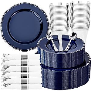 [Prime] 350-Piece Blue & Silver Plastic Disposable Dinnerware (50 Person Set) $35.99 + Free Shipping