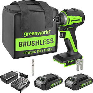 YMMV Greenworks 24V Cordless Impact Driver Kit, 1/4-Hex, 1950 in./lbs Torque, Brushless, 2 Batteries & Charger, Bits and Bag Included $38.99