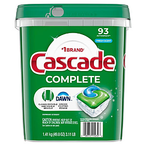 Cascade Complete Dishwasher Detergent ActionPacs 93 Ct $16.84 or Less + Free Ship to Store $15