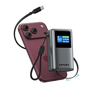 AsperX 45W 10,000mAh Portable Charger Power Bank, Retractable USB-C Cable $19.99