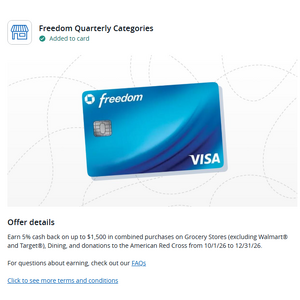 Chase Freedom Cardholders Q4 5% Cashback: Grocery Stores (excluding Walmart and Target) Dining & American Red Cross [YMMV]