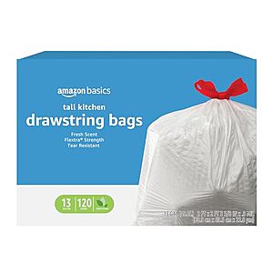 [SnS, AC] $9.35 | 120-Count Amazon Basics 13 Gallon Flextra Tall Kitchen Drawstring Trash Bags (Fresh) at Amazon