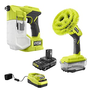 RYOBI ONE+ 18V Cordless Compact Power Scrubber Kit with 2.0 Ah Battery, Charger, and ONE+ 18V Chemical Handheld Sprayer, $98.97, FS, Home Depot
