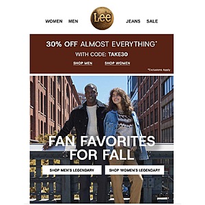 Lee.com use code TAKE30 for extra 30% Off