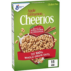 Cheerios Apple Cinnamon Cereal, Gluten Free, Whole Grain Oats, 11 oz~$2.54 With S&S @ Amazon