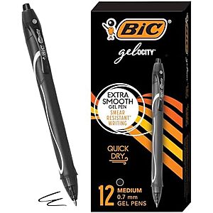 $8.99* | 12-Count BIC Gelocity Quick Dry Black Gel Pens, Medium Point, 0.7 mm at Amazon