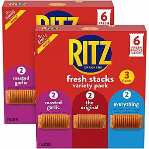 RITZ Fresh Stacks Original, Everything, and Garlic Butter Crackers Variety Pack, Travel Snacks, 8.85 oz (6 Multi Snack Packs) (Pack of 2)~$5.97 @ Amazon