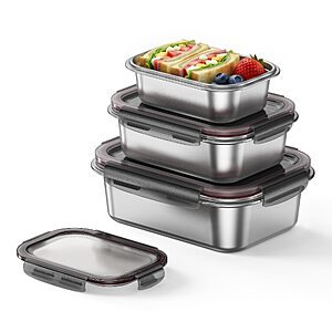 3-Piece Genicook Stainless Steel Rectangular Food Storage Containers w/ Snap Lids (Small 22oz, Medium 44oz, Large 76oz) $17.99 + Free Shipping w/ Prime or on $35+