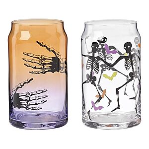 $16 FS PRIME WOOT Halloween Harvest Can Cooler Glasses, Set of 12 16ounce, Dishwasher Safe, Glass Cups, Spooky Iced Coffee Cups, Halloween Decor Spooky Scary Skeleton