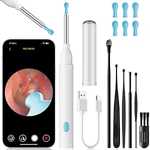 Bekhic Ear Wax Removal Tool with Camera - 1296P HD Ear Cleaner Otoscope with 6 LED Lights, Wireless Earwax Remover Kit with 8 Pcs Ear Picks - $6.99 [AC]