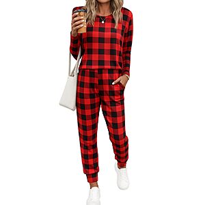 Ekouaer Women's Pajama Sets Long Sleeve Jogger Sets Red and Black Plaid M $11.99
