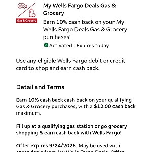 Wells Fargo Deals - 10% Cashback Grocery or Gas - YMMV