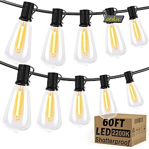 OHLUX Bistro String Lights Outdoor, 60FT Deck Lights with 32 Shatterproof ST38 Vintage Edison Bulbs, 2200K Warm Dimmable $16.5
