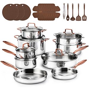 [Lightning Deal] CAROTE 30 PCS Tri-Ply Stainless Steel Cookware Set Pots and Pans Set $169.99