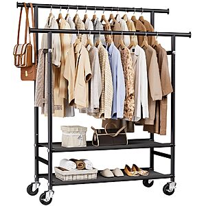 HYSEYY Double Rods Rolling Clothes Rack with 2-Tier Shelves $29.99 + Free Shipping