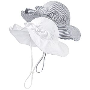 2-Pack HONGTEYA Baby and Toddler Girl's 100% Cotton UPF 50+  Wide Brim Bow Bucket Hat w/ Chin Strap (Various) $5.45 ($2.73 each) + Free Shipping w/ Prime or on $35+