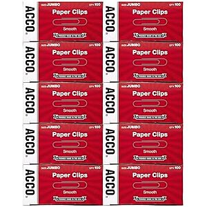 $7.98 | 10-Pack 100-Count ACCO Brands Paper Clips, Jumbo, Smooth at Amazon